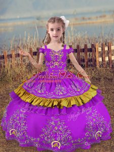 Sleeveless Floor Length Beading and Embroidery Lace Up Little Girls Pageant Dress with Purple