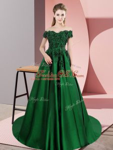 Sleeveless Satin Court Train Zipper Sweet 16 Quinceanera Dress in Dark Green with Lace