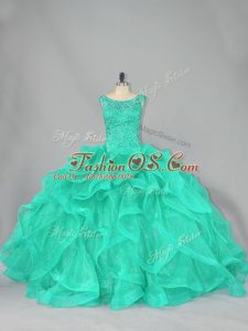Top Selling Floor Length Lace Up 15 Quinceanera Dress Turquoise for Sweet 16 and Quinceanera with Beading and Ruffles