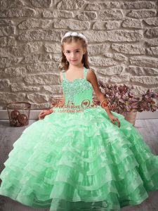 Superior Organza Straps Sleeveless Brush Train Lace Up Beading and Ruffled Layers Girls Pageant Dresses in Apple Green