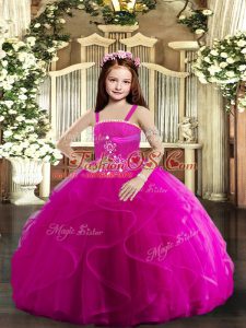 Enchanting Floor Length Fuchsia Girls Pageant Dresses Straps Sleeveless Lace Up