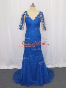 Edgy 3 4 Length Sleeve Lace and Appliques Zipper Mother Of The Bride Dress with Blue Brush Train