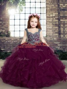 Tulle Straps Sleeveless Lace Up Beading and Ruffles Little Girls Pageant Dress in Purple