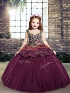 Purple Ball Gowns Tulle Straps Sleeveless Beading and Appliques Floor Length Lace Up Little Girls Pageant Gowns