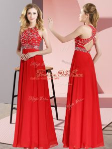 Captivating Sleeveless Chiffon Floor Length Backless Prom Dress in Red with Beading