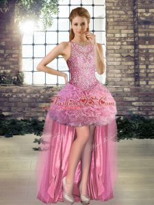 Elegant Beading Prom Gown Rose Pink Lace Up Sleeveless High Low