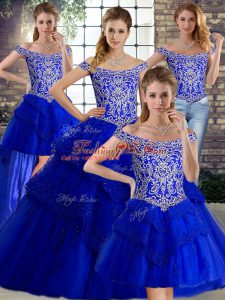 Fitting Lace Up Vestidos de Quinceanera Royal Blue for Military Ball and Sweet 16 and Quinceanera with Beading and Lace Brush Train
