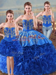 Glittering Royal Blue Sweetheart Neckline Embroidery and Ruffles Quinceanera Gown Sleeveless Lace Up