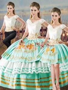 Apple Green Satin Lace Up Quinceanera Gowns Sleeveless Floor Length Embroidery and Ruffled Layers