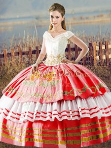 Free and Easy V-neck Sleeveless Satin Quinceanera Gown Embroidery and Ruffled Layers Lace Up