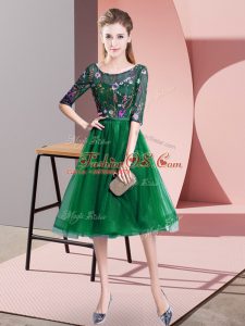 Dark Green Empire Scoop Half Sleeves Tulle Knee Length Lace Up Embroidery Bridesmaid Dress