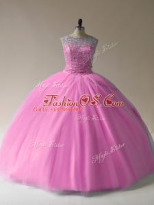 Super Sleeveless Tulle Floor Length Lace Up Ball Gown Prom Dress in Baby Pink with Beading