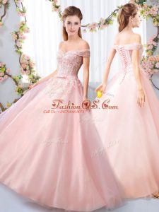 Modern Pink A-line Off The Shoulder Sleeveless Tulle Floor Length Lace Up Appliques and Belt Quinceanera Dama Dress