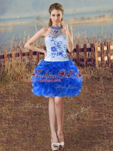 Top Selling Blue And White Sleeveless Beading and Embroidery and Ruffles Mini Length Dress for Prom
