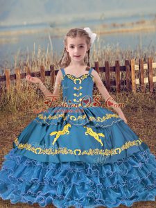 Charming Blue Organza Lace Up Straps Sleeveless Floor Length Kids Pageant Dress Beading and Embroidery and Ruffled Layers