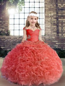 Red Ball Gowns Straps Sleeveless Fabric With Rolling Flowers Floor Length Lace Up Beading and Ruching Kids Pageant Dress