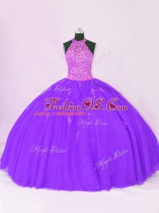 Nice Floor Length Lace Up Sweet 16 Dress Purple for Sweet 16 and Quinceanera with Beading and Appliques
