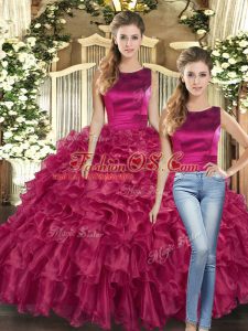 Top Selling Floor Length Lace Up Sweet 16 Quinceanera Dress Fuchsia for Military Ball and Sweet 16 and Quinceanera with Ruffles