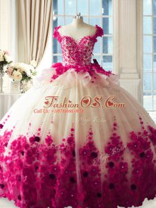Cute Fuchsia Ball Gowns Hand Made Flower Vestidos de Quinceanera Zipper Tulle Sleeveless