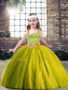 Straps Sleeveless Little Girls Pageant Gowns Floor Length Beading Olive Green Tulle