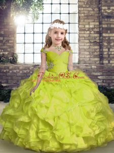 Yellow Green Ball Gowns Organza Spaghetti Straps Sleeveless Beading and Ruffles and Ruching Floor Length Lace Up Child Pageant Dress