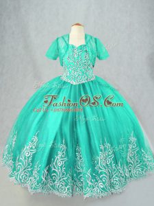 Turquoise Lace Up Kids Formal Wear Beading and Embroidery Sleeveless Floor Length