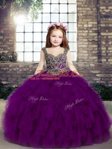 Elegant Tulle Sleeveless Floor Length Kids Formal Wear and Beading and Ruffles