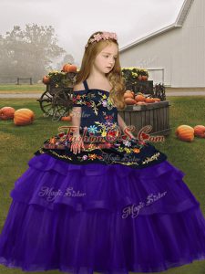 Amazing Purple Little Girls Pageant Dress Party and Wedding Party with Embroidery and Ruffles Straps Sleeveless Lace Up