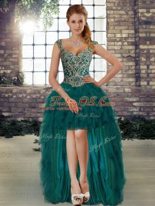 Shining Dark Green Organza Lace Up Prom Dresses Sleeveless High Low Beading and Ruffles