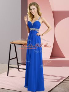 Floor Length Royal Blue Homecoming Gowns Chiffon Sleeveless Beading