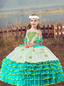 Sweet Straps Sleeveless Little Girl Pageant Gowns Floor Length Beading and Embroidery and Ruffled Layers Aqua Blue Organza