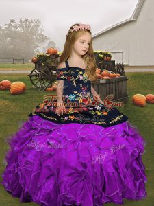 Fashionable Floor Length Eggplant Purple and Purple Little Girl Pageant Dress Organza Sleeveless Embroidery and Ruffles