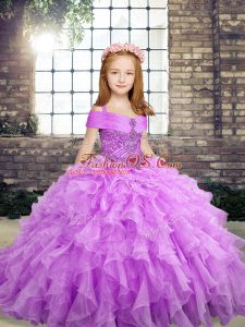 Straps Sleeveless Kids Pageant Dress Floor Length Beading and Ruffles Lavender Organza