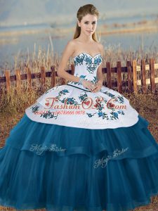 Blue And White Ball Gown Prom Dress Military Ball and Sweet 16 and Quinceanera with Embroidery and Bowknot Sweetheart Sleeveless Lace Up