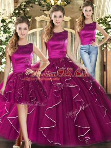 New Style Scoop Sleeveless Quinceanera Dresses Floor Length Ruffles Fuchsia Tulle
