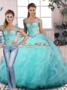 Exceptional Aqua Blue Lace Up Off The Shoulder Beading and Ruffles Ball Gown Prom Dress Tulle Sleeveless