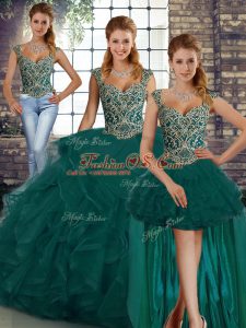Tulle Straps Sleeveless Lace Up Beading and Ruffles 15 Quinceanera Dress in Peacock Green