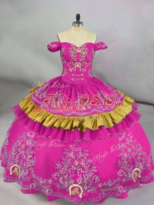 Fuchsia Off The Shoulder Neckline Embroidery Quinceanera Gowns Sleeveless Side Zipper