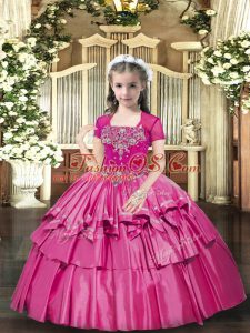Low Price Sleeveless Floor Length Beading Lace Up Girls Pageant Dresses with Hot Pink