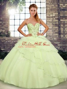 Yellow Tulle Lace Up Quinceanera Gown Sleeveless Brush Train Beading and Ruffled Layers