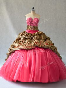 Sleeveless Organza Floor Length Lace Up 15th Birthday Dress in Coral Red with Beading and Pick Ups