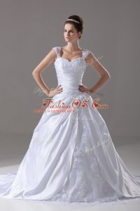 Charming White Straps Neckline Beading and Appliques Wedding Gown Sleeveless Lace Up