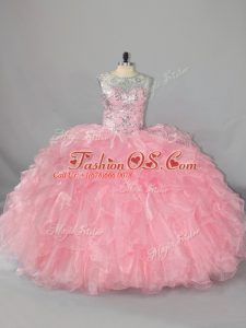 Custom Design Pink Sleeveless Organza Lace Up Sweet 16 Dress for Sweet 16 and Quinceanera