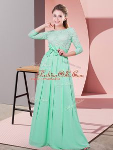 Exceptional Apple Green 3 4 Length Sleeve Lace and Belt Floor Length Wedding Party Dress
