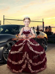 Modern Floor Length Burgundy Child Pageant Dress Satin Sleeveless Embroidery