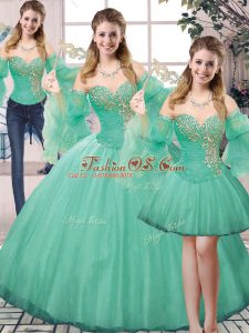 Stunning Turquoise Lace Up Sweetheart Beading 15th Birthday Dress Tulle Sleeveless