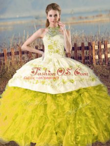 Comfortable Yellow Green and Yellow Lace Up Quinceanera Dresses Embroidery and Ruffles Sleeveless Court Train