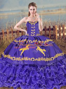 Sleeveless Embroidery and Ruffled Layers Lace Up Ball Gown Prom Dress with Purple Brush Train