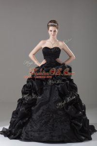 Graceful Black Organza Lace Up Sweet 16 Quinceanera Dress Sleeveless Brush Train Embroidery and Pick Ups