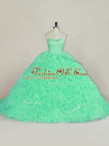 Fabulous Green Ball Gowns Sweetheart Sleeveless Fabric With Rolling Flowers Court Train Lace Up Beading and Ruffles Quinceanera Gown